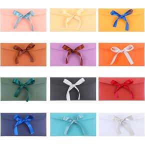 12Pcs Colourful Gift Envelopes with Ribbons, Vintage Money Envelopes for Wedding Birthday Invitations, Greeting Cards, Postcards, Gifts
