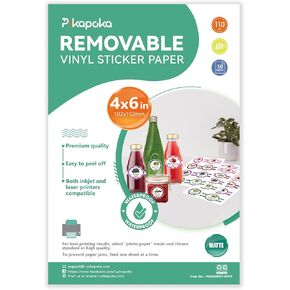 4x6 Removable Self-adhesive Vinyl Sticker Paper, Waterproof, 4R Size, Suitable for Laser and Inkjet Printer, Matte White, 50 Pack