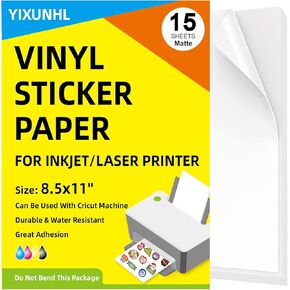 Premium Printable Vinyl Sticker Paper for Inkjet and Laser Printer White Waterproof, Dries Quickly, Holds Ink well, Tear Resistant, Great for Cutting Machines (15 Sheets Matte)