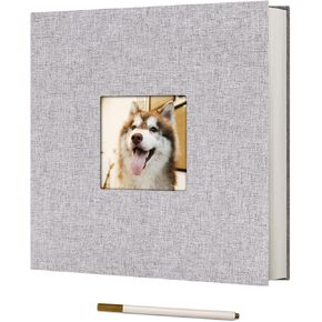 Photo Album Self Adhesive Scrapbook for 4x6 5x7 8x10 Pictures Linen Cover Scrapbook Album DIY with Display Window 40 Blank Pages with A Metallic Pen for Family Wedding Travel Baby, Grey