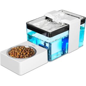 Automatic Cat Water Fountain with Food Bowl – 2.2L/74oz 2-in-1 Pet Water Dispenser & 304 Stainless Steel Bowl, Ultra-Quiet, LED Indicator, BPA-Free, Smart Shut-Off for Cats and Dogs