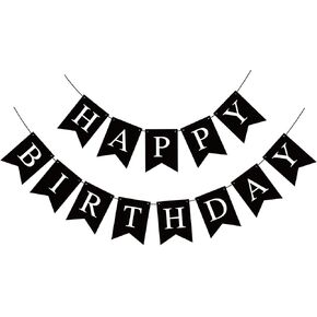 Black Happy Birthday Banner Signs, Bunting Garland for Men Women, Party Supplies Halloween Hanging Decorations for Wall