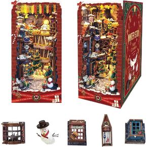 DIY Book Nook kit, Christmas Style DIY Toy House Book Nook Bookshelf Insert Decoration, 3D Wooden Puzzle with LED dust Cover, for Teenagers' Birthdays - Christmas Snow Night