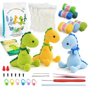 طقم الكروشيه Magimuse للمبتدئين ، ومجموعات بداية الكروشيه للبالغين والأطفال Amigurumi Craft Craft Crochet Animals مع دروس فيديو خطوة بخطوة ، و 3 PCS Christmas Dinosaur (40 ٪+ غزل)