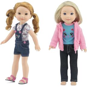 Emily Rose 14 Inch Fashioh Doll Clothes 6-PC Bundle Set; Overall Jean Shorts Outfit Including Sandals Plus Pink Fleece Coat Jacket Set, with Stretch Jeans and T-Shirt Tee | USA Business