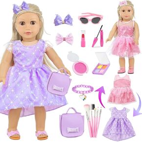 18 Inch American Doll Accessories, 2 Sets Pink and Purple Dresser Sunglasses Handbag Lipstick Hair Clip Eye Shadow Foundation Make-up Bracelet Cosmetic Brush American Doll Clothes Set