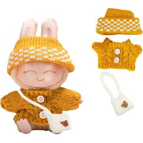 17cm Doll Clothes Set - Green Chunky Knit Sweater and Hat + White Backpack | Contrast Knit Clothes for Labb 6.7" Macaroon Series Dolls | Fits 15-17cm Doll Accessories(Green)