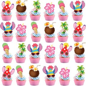 48 Pcs Pink Cartoon Animation Luau Party Cupcake Toppers for Cartoon Animation Birthday Baby Shower Party Decorations
