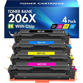 206X Toner Cartridges 4 Pack High Yield MFP M283fdw M283cdw Compatible for HP 206X 206A M255dw Color Pro MFP M283fdw M283cdw M255dw M283 M255 Printer Ink (with Chip, Black Cyan Yellow Magenta)