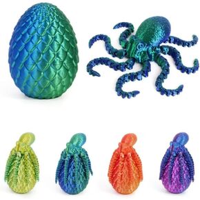 3D Printed Articulated Octopus with Dragon Egg, 3D Printed Dragon Egg, 3D Printed Animals,Desktop Toy, 3D Print Toys,Octopus Toy, Office Decor,Gift (Blue)