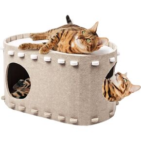 Cat House for Indoor Cats, Cat Bed Cave for Multiple & Large Cats Up to 22 Lbs, Scratch Resistant Peekaboo Cat Caves, Foldable Cat Tunnel Enclosed Bed, PeekaPurr, Cream
