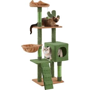 Yaheetech Cactus Cat Tree, 59.5in Cat Tower w/Cute Perch, Cozy Condo, Convenient Climbing Ladders, Moppy Fabric-Covered Cat House for Indoor Cats, Green/Brown