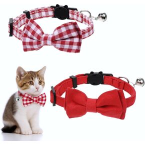 2 Pcs Cat Collar Breakaway Bowtie Safety with Bell Red Solid Plaid Adjustable Cute Kitten Collar Small Puppy Collars