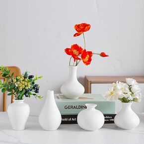 White Ceramic Vase Set of 5, Small Bud Vase, Modern Vases, Boho Decorative Vase for Fireplace, Entryway and Living Room, Centerpiece Table Decorations