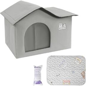 Foldable Oxford Cat House, Indoor & Outdoor, Rainproof, Thermo-Regulated, Waterproof, Casa para Gatos, Stray Cat Shelter, with Pad & Ice Pack (Grey, Small & Medium-Sized cat Houses)