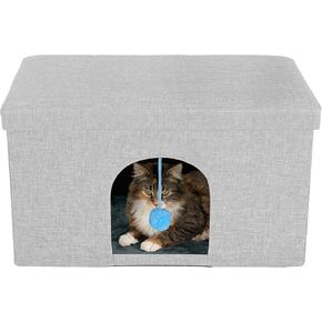 Furhaven Pet House for Indoor Cats & Medium/Small Dogs, Collapsible & Foldable w/Plush Ball Toy - Living Room Ottoman Cat Condo - Mist Gray, Large