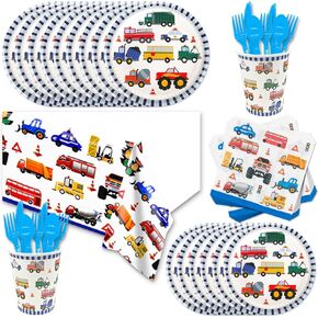 141PCS Transportation Boys Birthday Party Decorations Tableware Set Blue and White Glossy Paper & Plastic Dishware