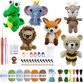 pobugy 6Pcs Crochet Kit for Beginners, Knitting Starter Pack for Adults and Kids, Crochet Gifts Knitting Kit for Crochet Lovers, Crochet Animal Kits with Crochet Kits