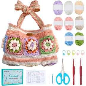 FREEBLOSS Crochet Bag Kit for Beginners Crochet Granny Square Bag Sunflower Women Tote Bag Kit with Step-by-Step Video Tutorials Knitting Kit for Adults