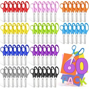 60 Pack Kids Scissors Bulk - 5" Safety Blunt Tip Craft Scissor for Preschool Kindergarten Elementary Classroom Cutting Paper, Comfort Grip, Back to School Supplies for Child Student Teacher, 10 Colors