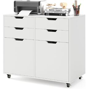 White File Cabinet with 4 Drawers and 2 Doors, Under Desk Mobile Storage Organizer, Wooden Printer Stand on Wheels, 29" Lateral Filing Cabinet for Home Office Living Room