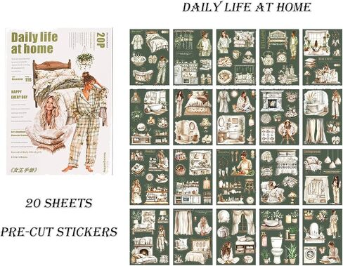 Scrapbooking Sticker 20 Sheets 120 Pre-Cut PET Daily Life at Home Girls People Stickers Books for journaling Scrapbook Supplies Transparent Stickers for journaling in Kuwait