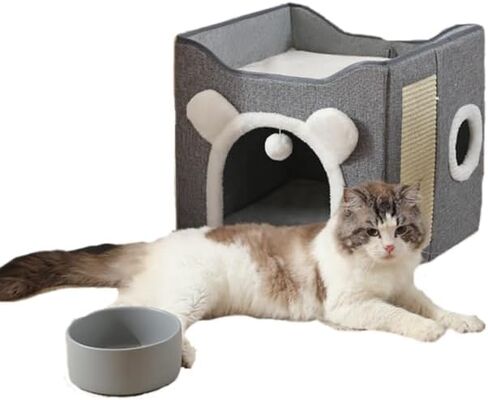 Cat Beds for Indoor Cats, Large Cat House Foldable Cat Cave with Scratch Pad and Hanging Fluffy Ball, Reversible Cushion Hideaway for Pet Cats, 16.5x16.5x13.2 inches, Multi Small Pet (Dark Grey, L) in Saudi Arabia