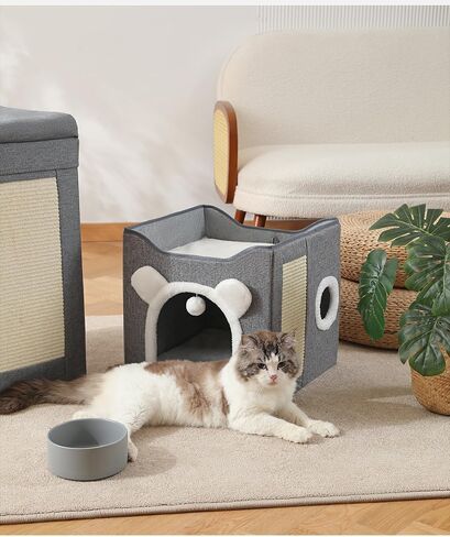 Cat Beds for Indoor Cats, Large Cat House Foldable Cat Cave with Scratch Pad and Hanging Fluffy Ball, Reversible Cushion Hideaway for Pet Cats, 16.5x16.5x13.2 inches, Multi Small Pet (Dark Grey, L) in Saudi Arabia