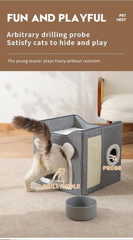 Cat Beds for Indoor Cats, Large Cat House Foldable Cat Cave with Scratch Pad and Hanging Fluffy Ball, Reversible Cushion Hideaway for Pet Cats, 16.5x16.5x13.2 inches, Multi Small Pet (Dark Grey, L) in Saudi Arabia