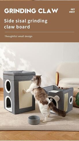 Cat Beds for Indoor Cats, Large Cat House Foldable Cat Cave with Scratch Pad and Hanging Fluffy Ball, Reversible Cushion Hideaway for Pet Cats, 16.5x16.5x13.2 inches, Multi Small Pet (Dark Grey, L) in Saudi Arabia