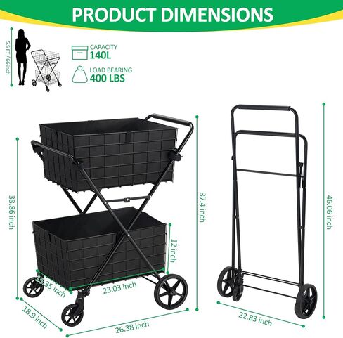 2-Tier Shopping Cart with Wheels Folding Grocery Cart with Removable Double Baskets 360° Rolling Laundry Cart Compact Pet Stroller Utility Cart for Groceries with Oxford Cloth Liner, Black in Saudi Arabia