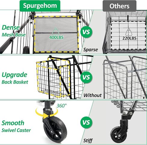 عربة تسوق ذات طبقتين مع عجلات عربة بقالة قابلة للطي مع سلال مزدوجة قابلة للإزالة، عربة غسيل دوارة 360 درجة، عربة أدوات صغيرة للحيوانات الأليفة للبقالة مع بطانة من قماش أكسفورد، أسود in Kuwait