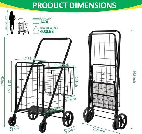 عربة تسوق ذات طبقتين مع عجلات عربة بقالة قابلة للطي مع سلال مزدوجة قابلة للإزالة، عربة غسيل دوارة 360 درجة، عربة أدوات صغيرة للحيوانات الأليفة للبقالة مع بطانة من قماش أكسفورد، أسود in Kuwait