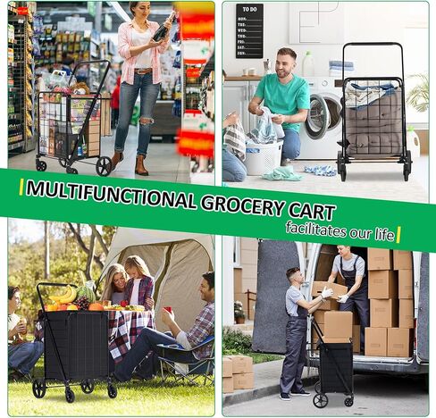 عربة تسوق ذات طبقتين مع عجلات عربة بقالة قابلة للطي مع سلال مزدوجة قابلة للإزالة، عربة غسيل دوارة 360 درجة، عربة أدوات صغيرة للحيوانات الأليفة للبقالة مع بطانة من قماش أكسفورد، أسود in Kuwait