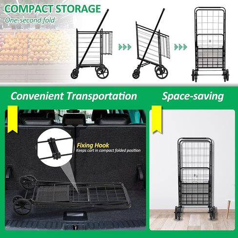 عربة تسوق ذات طبقتين مع عجلات عربة بقالة قابلة للطي مع سلال مزدوجة قابلة للإزالة، عربة غسيل دوارة 360 درجة، عربة أدوات صغيرة للحيوانات الأليفة للبقالة مع بطانة من قماش أكسفورد، أسود in Kuwait