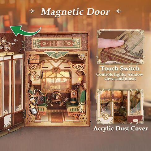 Tonecheer DIY Book Nook Kit للبالغين ، Miniature Infinity Train Cabin Model Magical Vintage Carriage ، Wooden 3D Puzzle Dollhouse Booknook Decorative Bookend Gifts (رحلة سحرية) in Kuwait