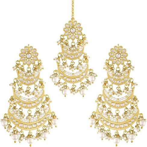 Aheli Kundan Pearl Long Dangle Chandbali Earring Maang Tikka Indian Traditional Bollywood Jewelry Set for Women Girls in Kuwait