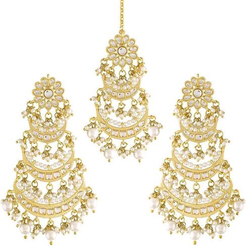 Aheli Kundan Pearl Long Dangle Chandbali Earring Maang Tikka Indian Traditional Bollywood Jewelry Set for Women Girls in Kuwait
