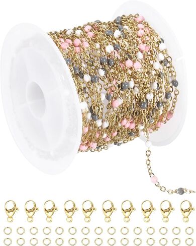 MECCANIXITY Stainless Steel Bead Chain, 16.4 Feet/5M Enamel Beaded Jewelry Link Cable Chains Spool Kit for Jewelry Making, Necklace, Bracelets, DIY Crafts (Gold/Grey White Pink, Pack of 1) in Saudi Arabia