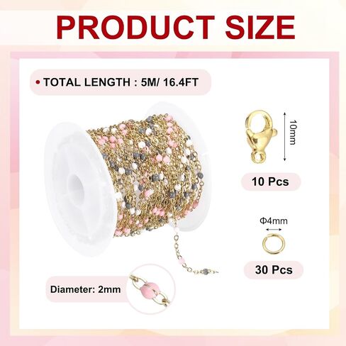 MECCANIXITY Stainless Steel Bead Chain, 16.4 Feet/5M Enamel Beaded Jewelry Link Cable Chains Spool Kit for Jewelry Making, Necklace, Bracelets, DIY Crafts (Gold/Grey White Pink, Pack of 1) in Saudi Arabia