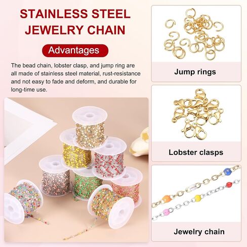 MECCANIXITY Stainless Steel Bead Chain, 16.4 Feet/5M Enamel Beaded Jewelry Link Cable Chains Spool Kit for Jewelry Making, Necklace, Bracelets, DIY Crafts (Gold/Grey White Pink, Pack of 1) in Saudi Arabia