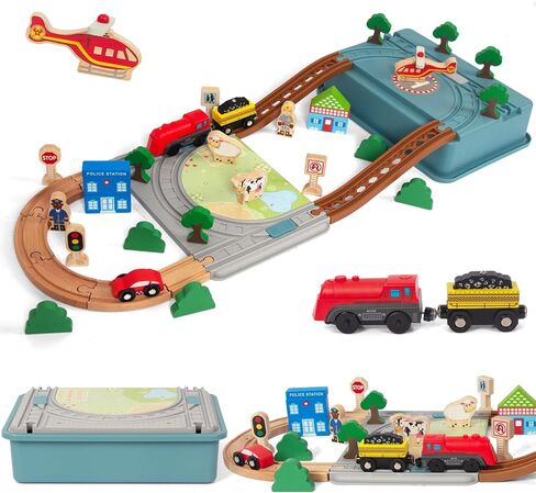 Wooden Train Set for Toddler, 40 Pcs with Wooden Tracks fits Thomas, fits Brio, fits Chuggington, fits Melissa and Doug - Expandable, Changeable Train Toy for 3 4 5 Years Old Girls & Boys in Kuwait