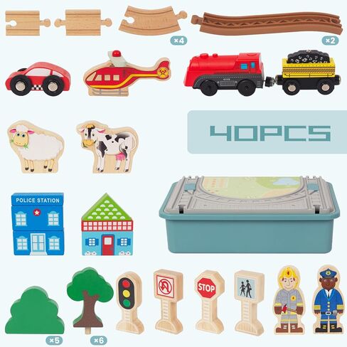 Wooden Train Set for Toddler, 40 Pcs with Wooden Tracks fits Thomas, fits Brio, fits Chuggington, fits Melissa and Doug - Expandable, Changeable Train Toy for 3 4 5 Years Old Girls & Boys in Kuwait