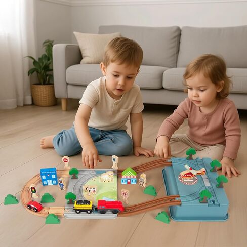 Wooden Train Set for Toddler, 40 Pcs with Wooden Tracks fits Thomas, fits Brio, fits Chuggington, fits Melissa and Doug - Expandable, Changeable Train Toy for 3 4 5 Years Old Girls & Boys in Kuwait