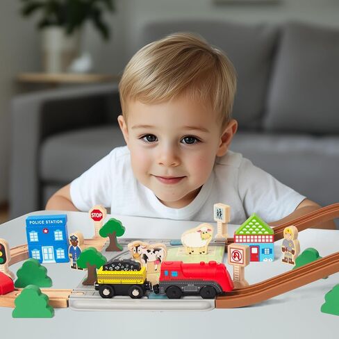 Wooden Train Set for Toddler, 40 Pcs with Wooden Tracks fits Thomas, fits Brio, fits Chuggington, fits Melissa and Doug - Expandable, Changeable Train Toy for 3 4 5 Years Old Girls & Boys in Kuwait