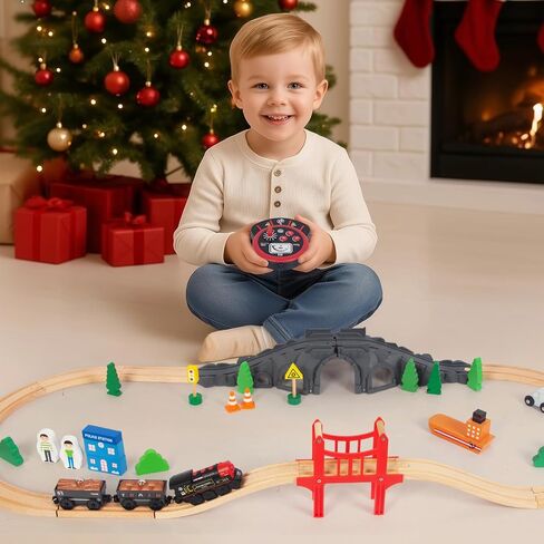 Wooden Train Set for Toddler, 40 Pcs with Wooden Tracks fits Thomas, fits Brio, fits Chuggington, fits Melissa and Doug - Expandable, Changeable Train Toy for 3 4 5 Years Old Girls & Boys in Kuwait