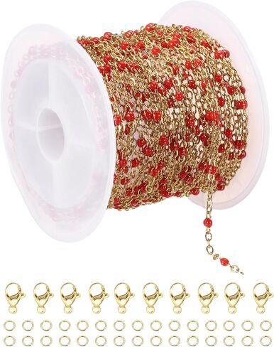 MECCANIXITY Stainless Steel Bead Chain, 16.4 Feet/5M Enamel Beaded Jewelry Link Cable Chains Spool Kit for Jewelry Making, Necklace, Bracelets, DIY Crafts (Gold/Grey White Pink, Pack of 1) in Saudi Arabia