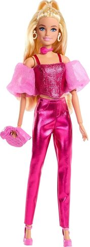 Barbie Deluxe Style Doll #5 in Metallic Pink Outfit, Blonde Hair, Sparkly Corset Top and Shiny Pants with Accessories Like Rose Necklace and Handbag in Saudi Arabia