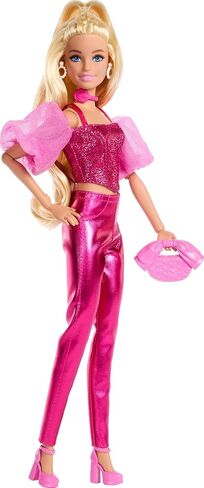 Barbie Deluxe Style Doll #5 in Metallic Pink Outfit, Blonde Hair, Sparkly Corset Top and Shiny Pants with Accessories Like Rose Necklace and Handbag in Saudi Arabia
