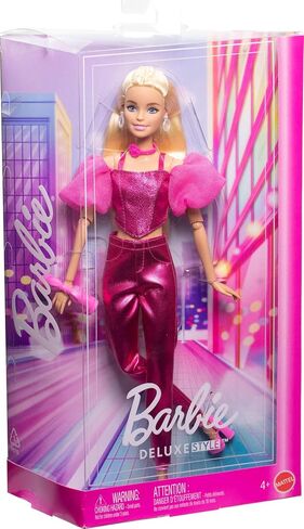 Barbie Deluxe Style Doll #5 in Metallic Pink Outfit, Blonde Hair, Sparkly Corset Top and Shiny Pants with Accessories Like Rose Necklace and Handbag in Saudi Arabia